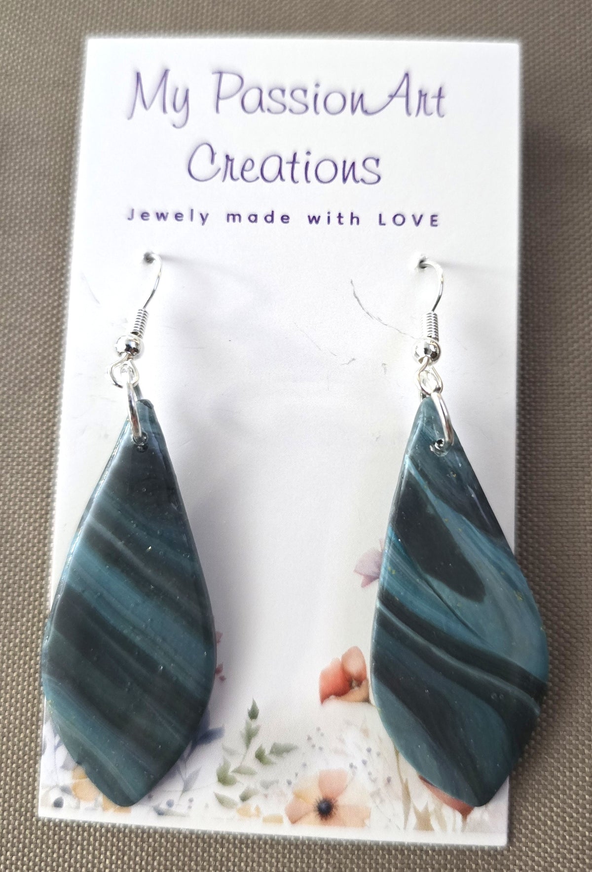 Pearlescent Grey & Turquoise Marbled Earrings - Oval, Teardrop or Triangle
