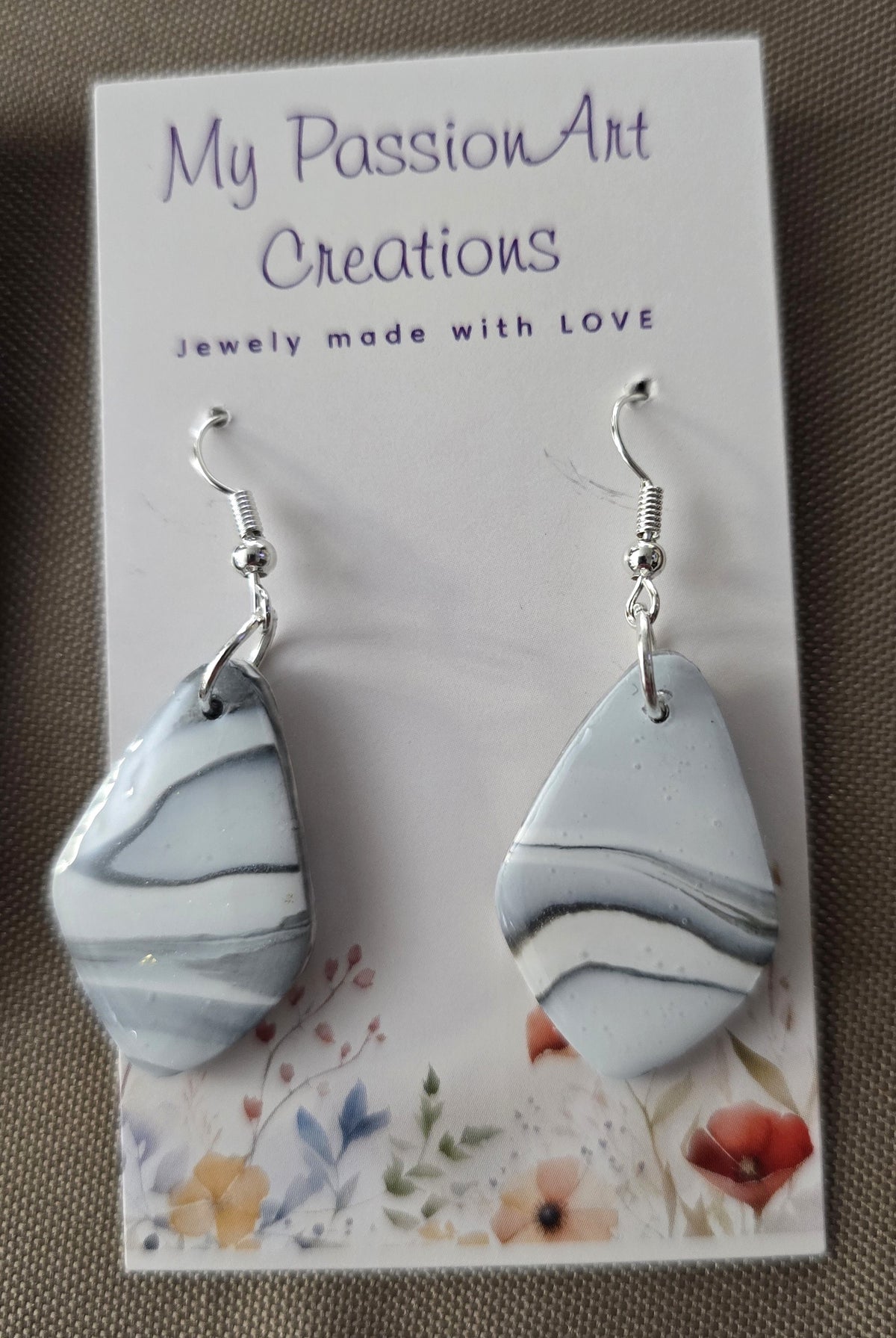 Pearl Grey Marbled Soft Diamond Polymer Clay Earrings