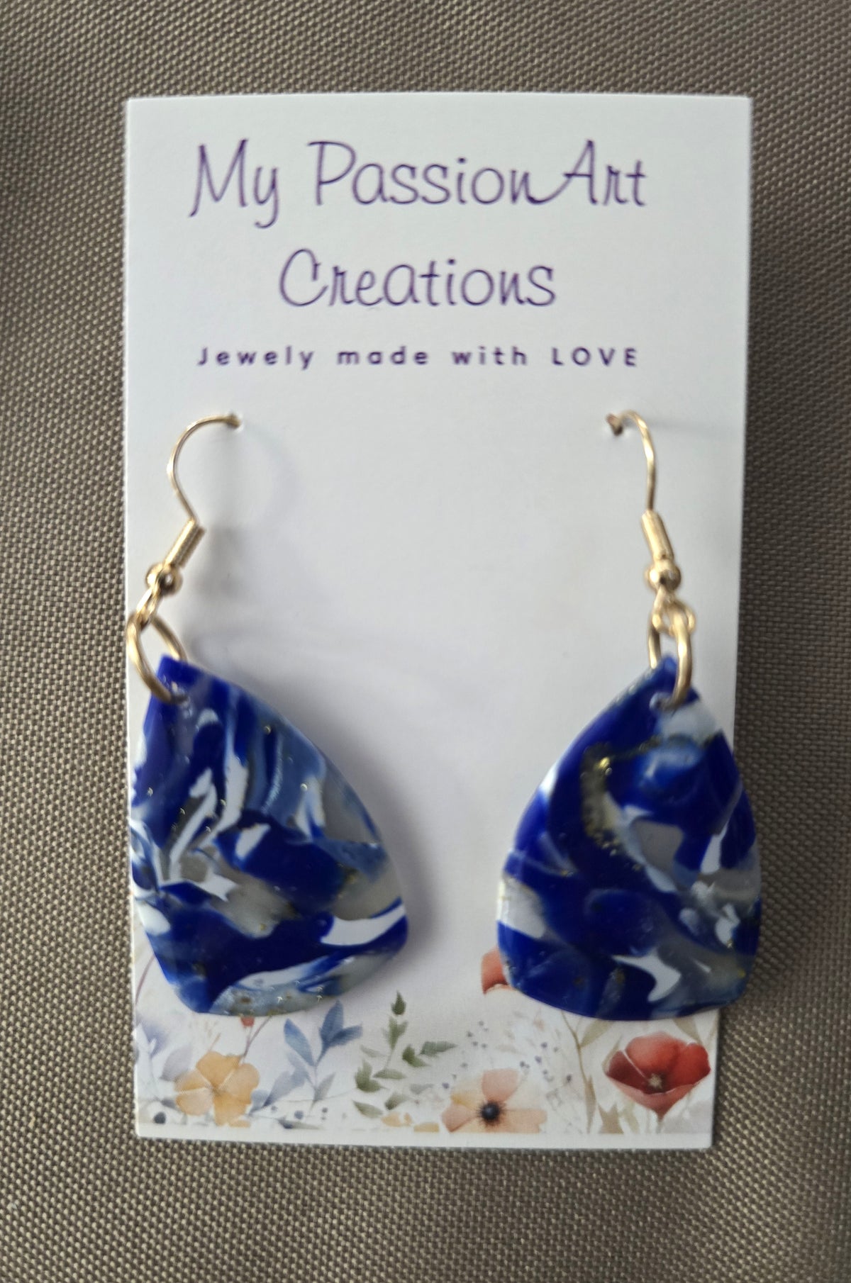 Gemstone-Inspired White & Blue Polymer Clay Earrings with Gold Leaf