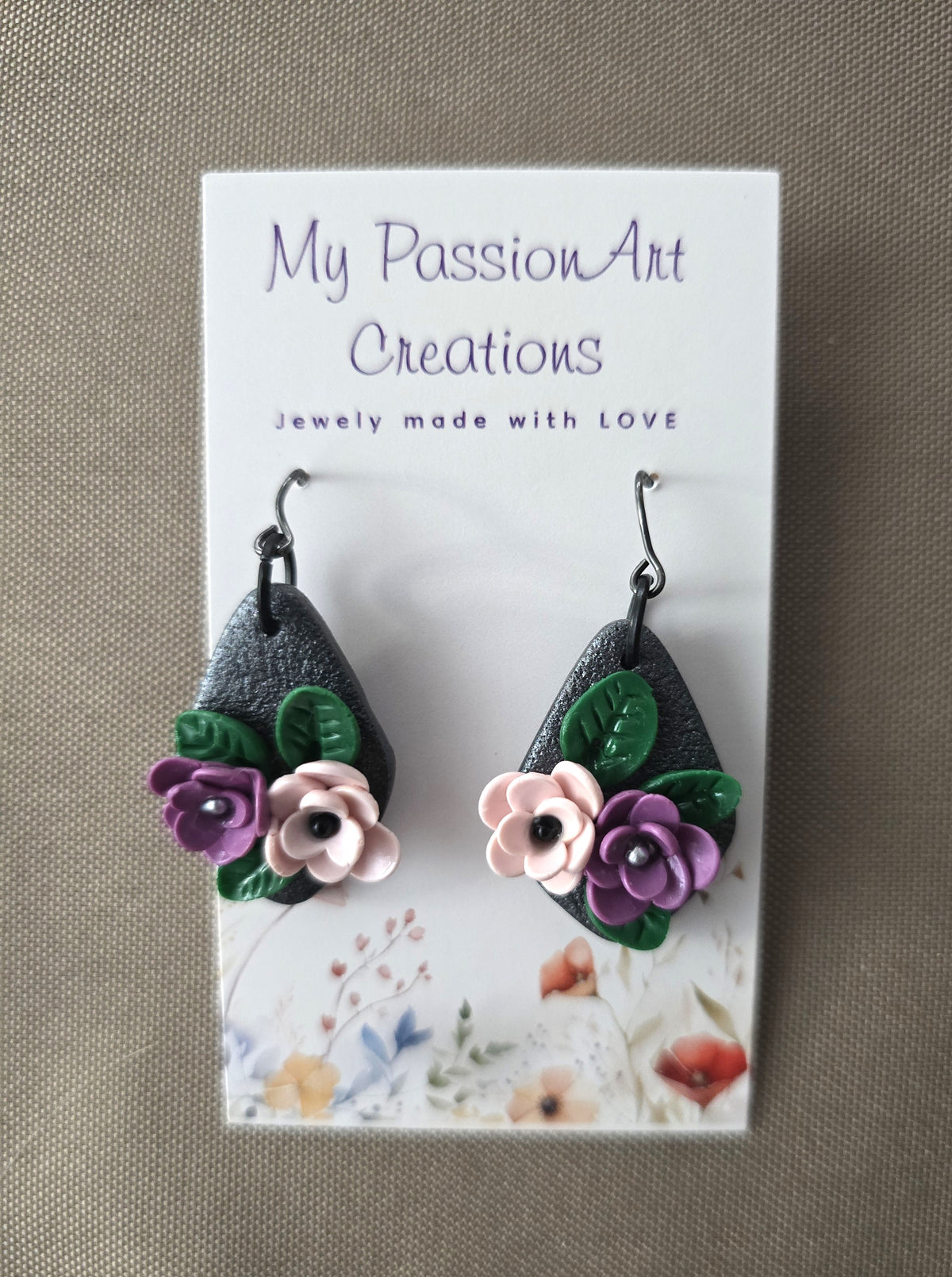 Grey Floral Dangle Earrings - Pink & Purple or Red & White Flowers