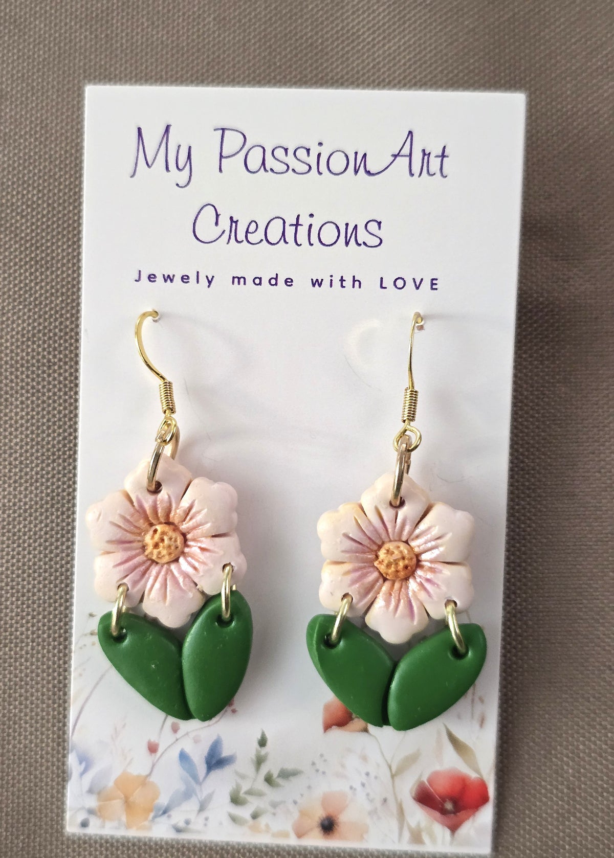 Pink Six-Petal Flower & Leaf Dangle Earrings