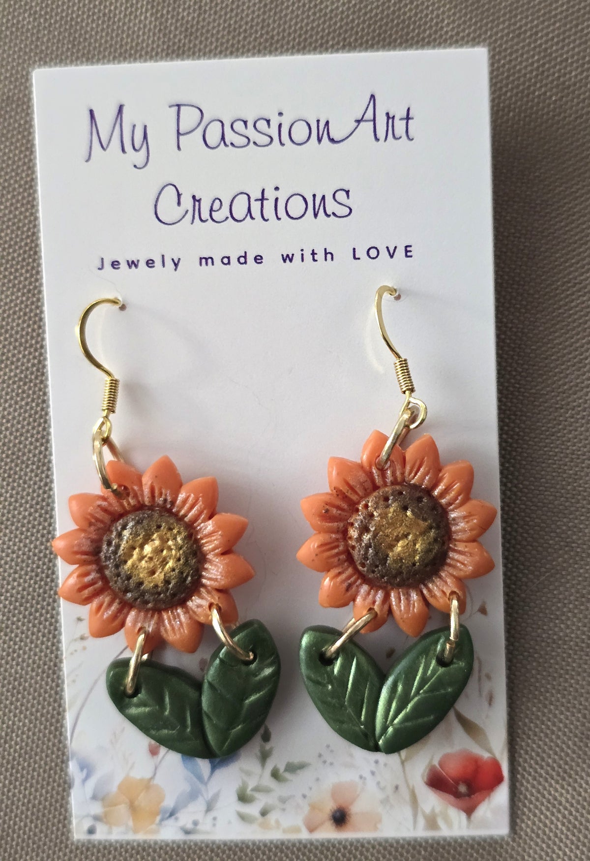 Orange Sunflower & Leaf Dangle Earrings