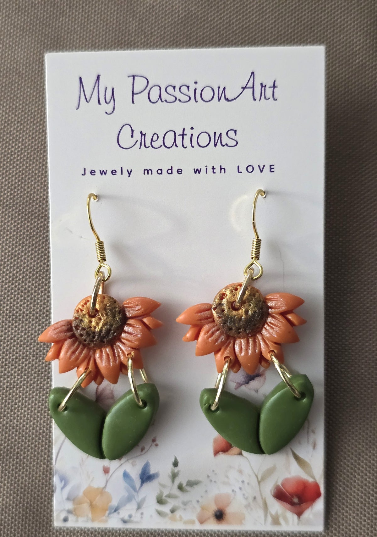 Orange Half-Sunflower & Leaf Dangle Earrings