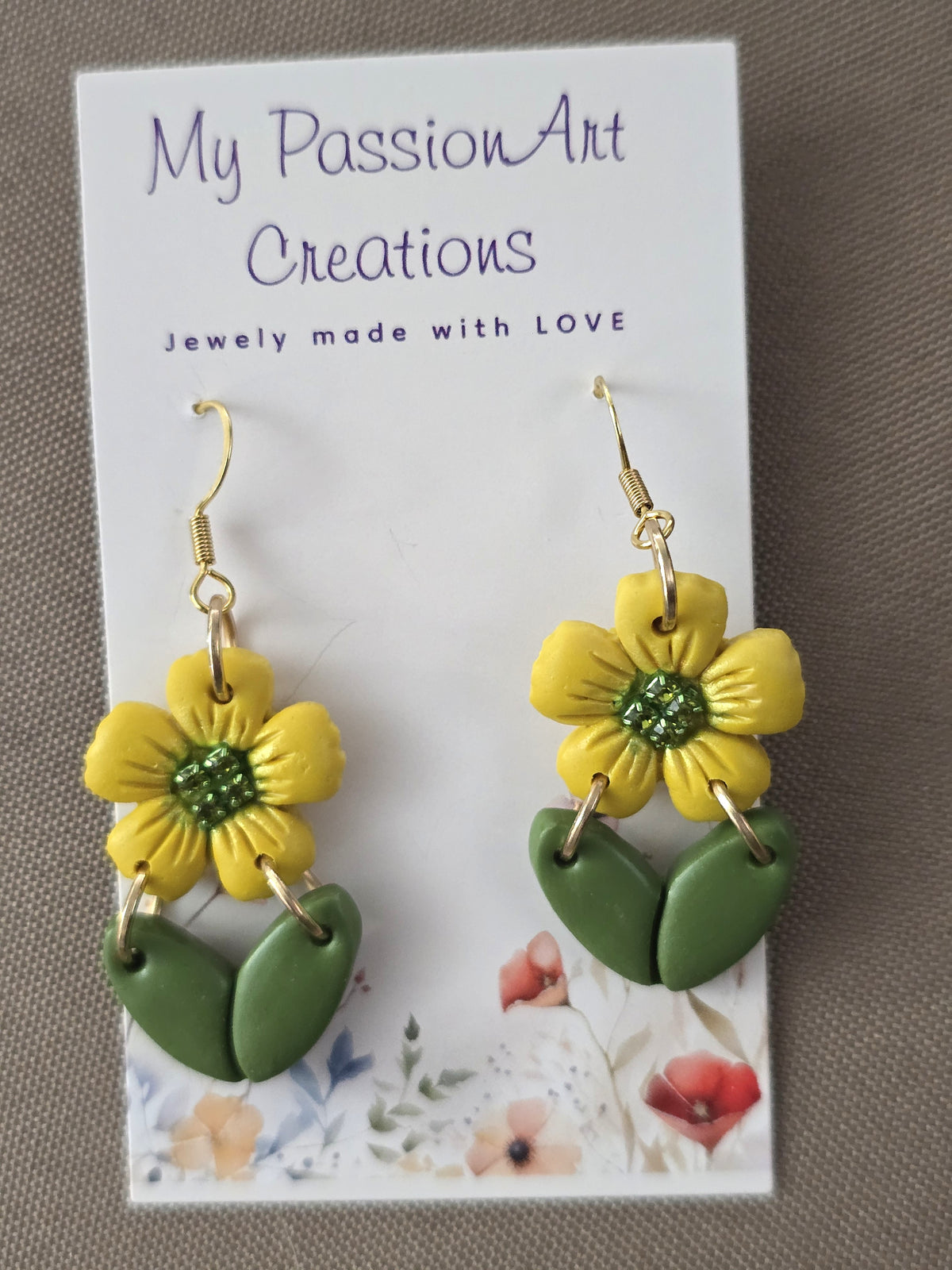Yellow Flower & Leaf Dangle Earrings with Green Sparkle