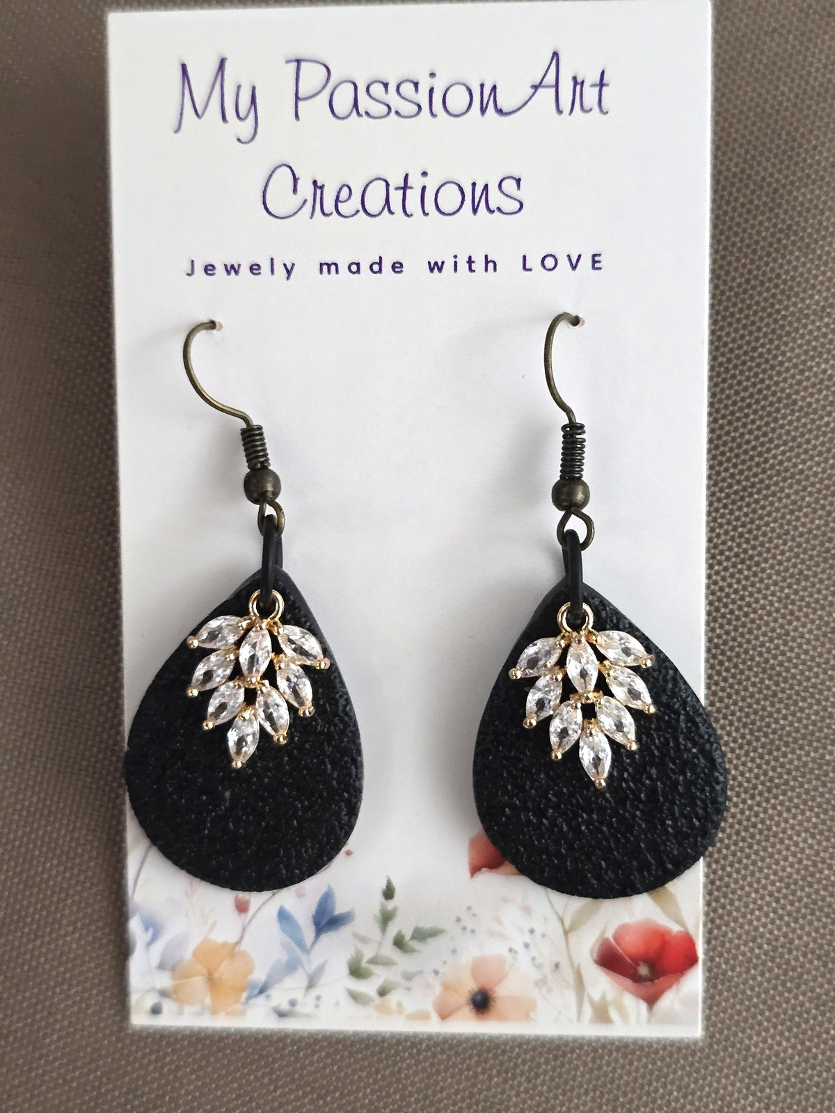 Textured Teardrop Earrings with Faceted Leaf Charms - Gold or Silver