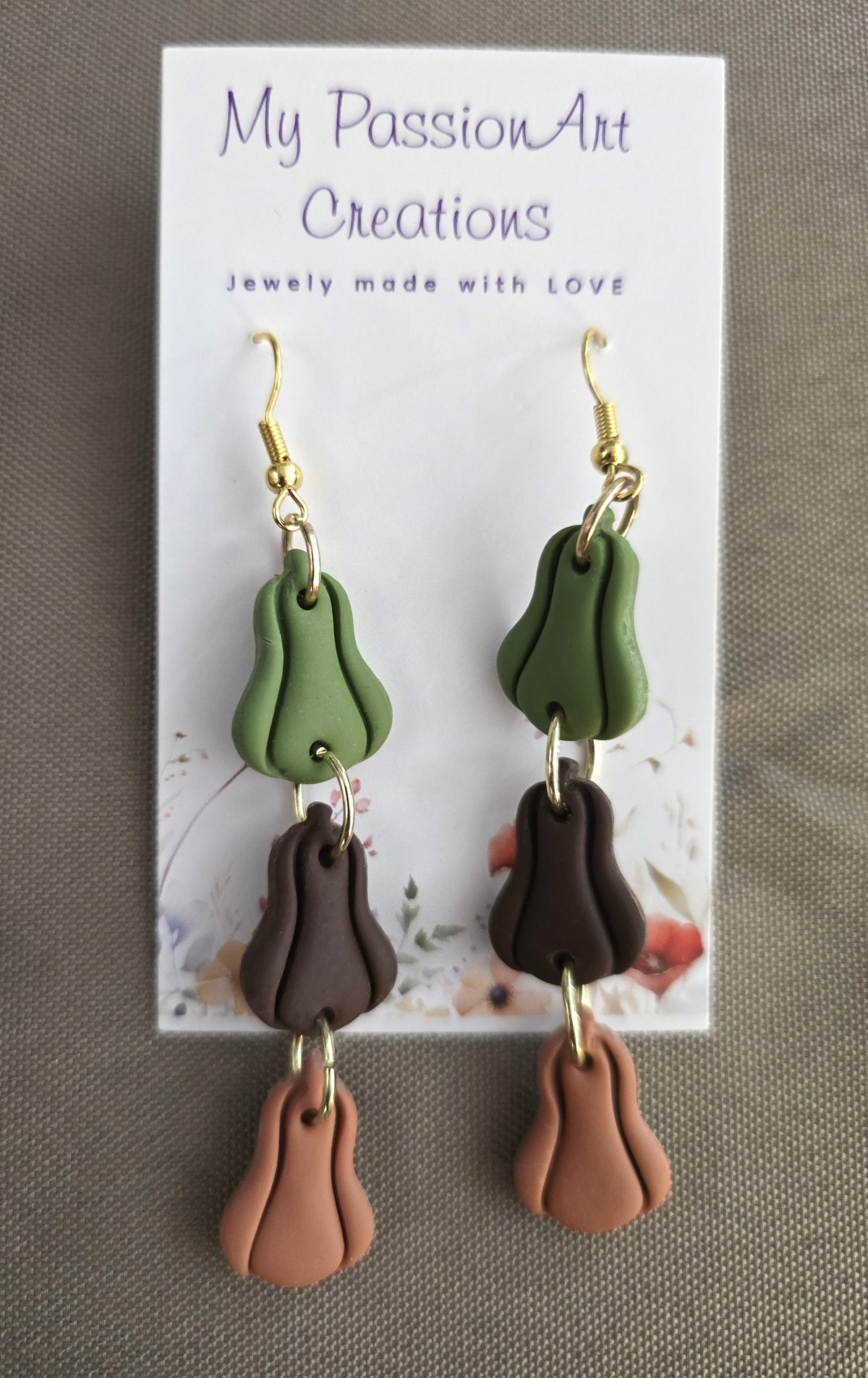 Gourd Dangle Earrings - Green, Brown & Light Brown