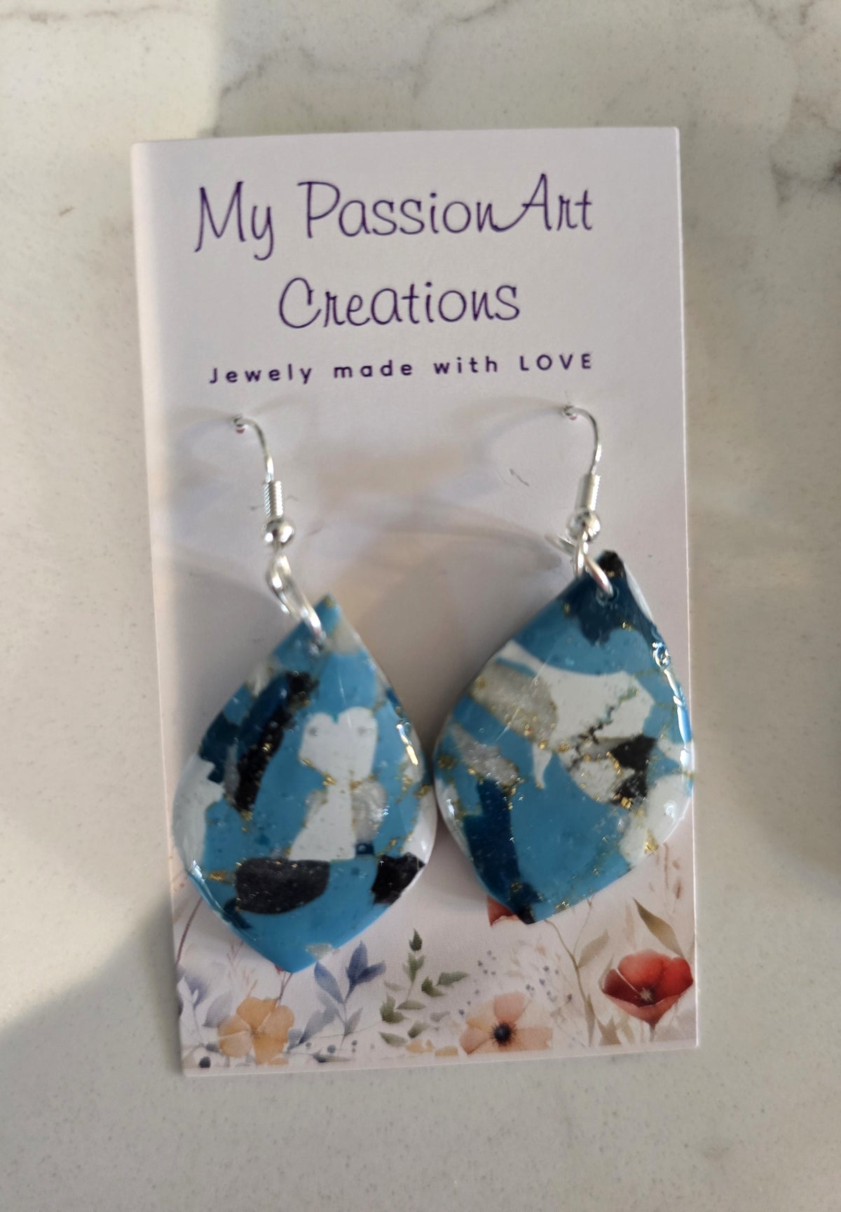 Turquoise & Pearl Gemstone-Inspired Polymer Clay Earrings with Gold Leaf