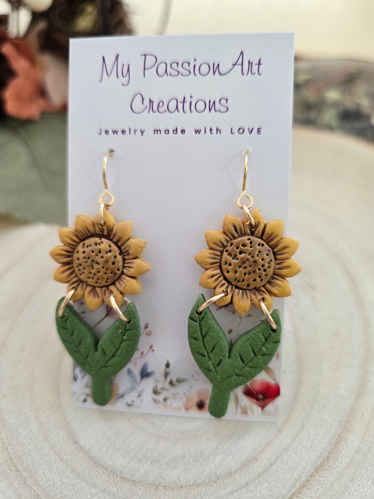 Golden Yellow Sunflower Earrings with Leaves & Stem