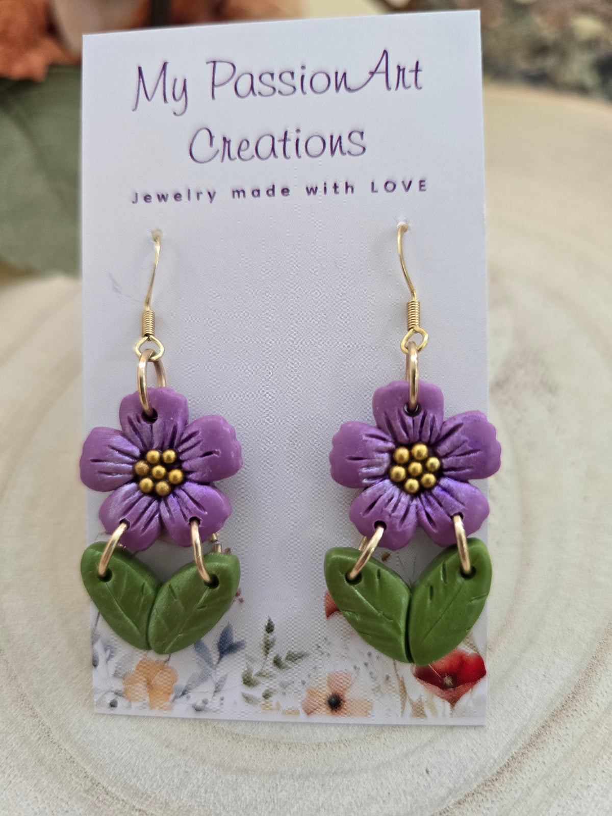 Purple Shimmer Flower & Green Leaf Dangle Earrings