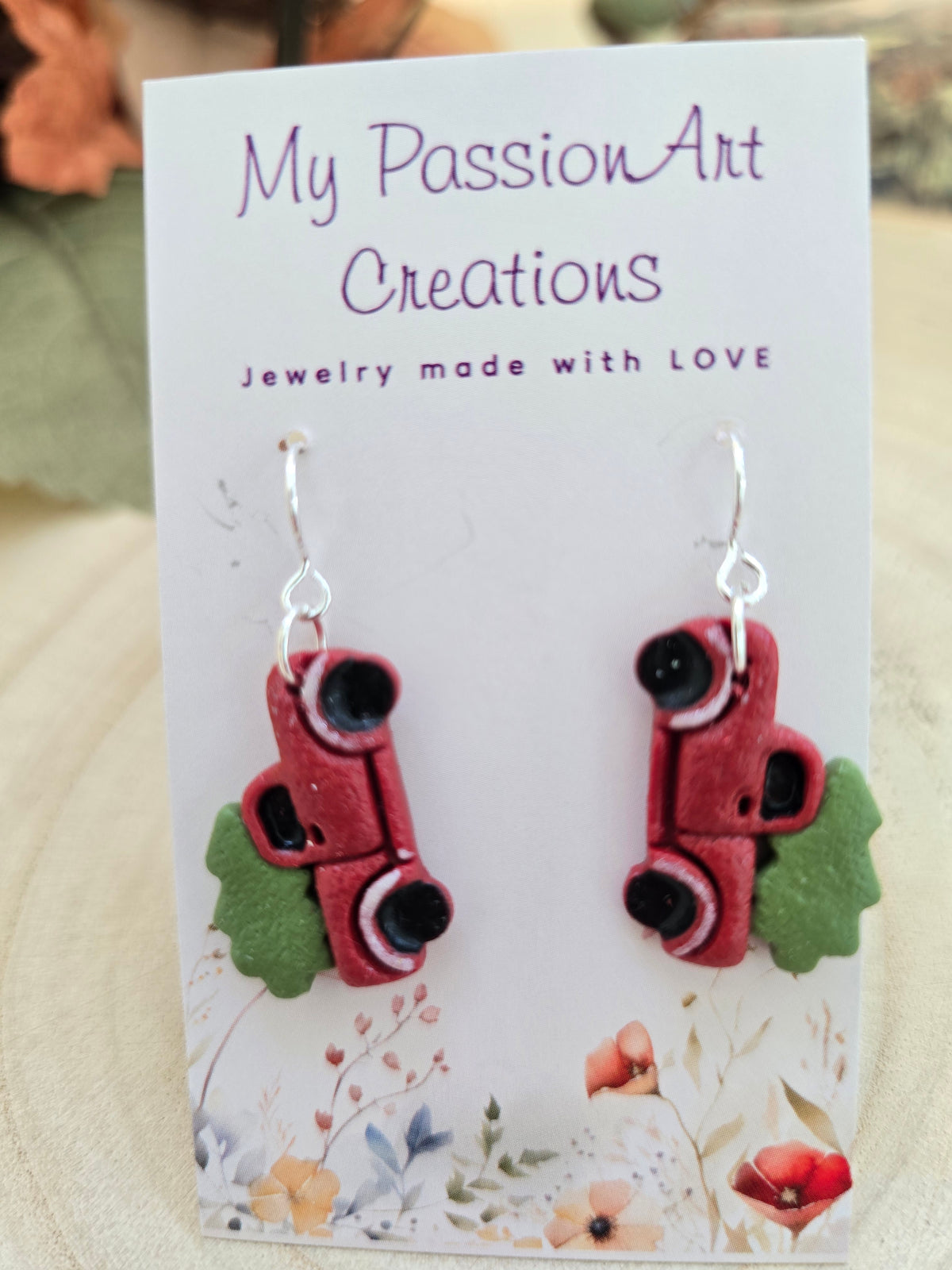 Polymer Clay Earrings — Christmas Truck | Red, Green & Silver