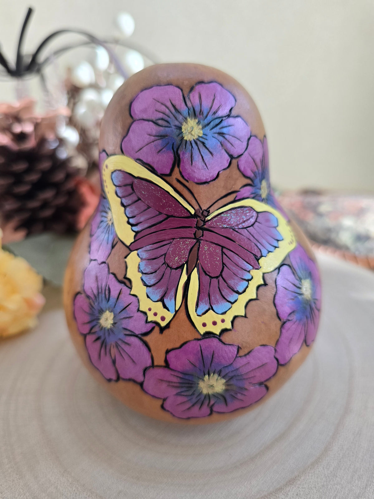 Butterfly & Floral Wreath Decorative Gourd