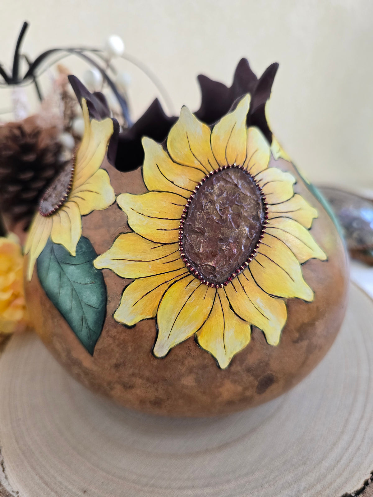 Sunflower Decorative Gourd with Petal-Carved Opening