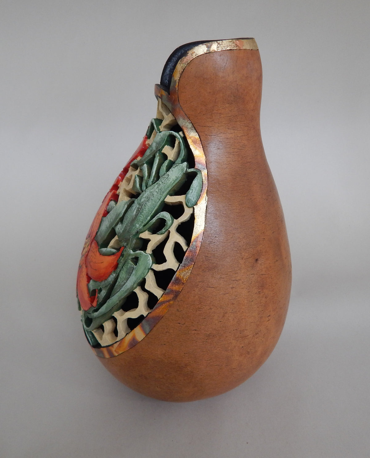 Carved Tiger Lily Gourd with Filigree & Gold Leaf