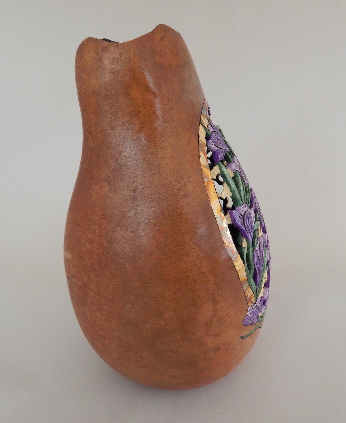 Carved Purple Crocus & Butterfly Gourd with Gold Leaf