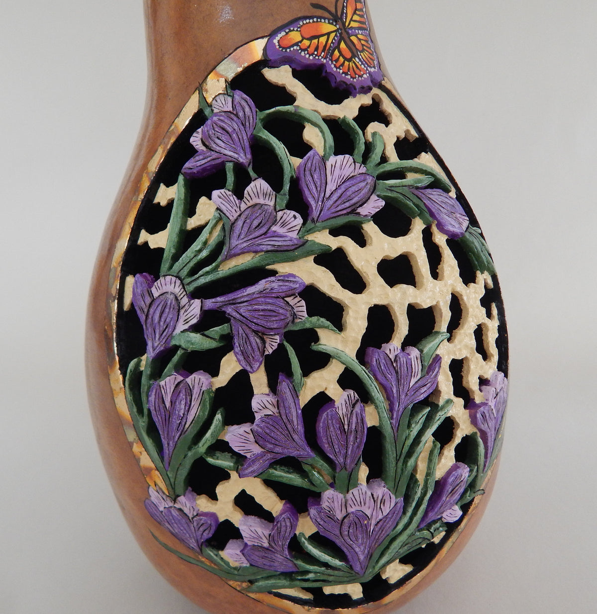 Carved Purple Crocus & Butterfly Gourd with Gold Leaf