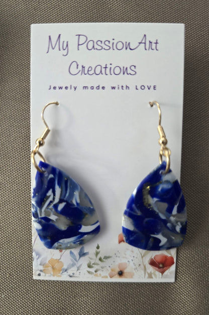 Gemstone-Inspired White & Blue Polymer Clay Earrings with Gold Leaf