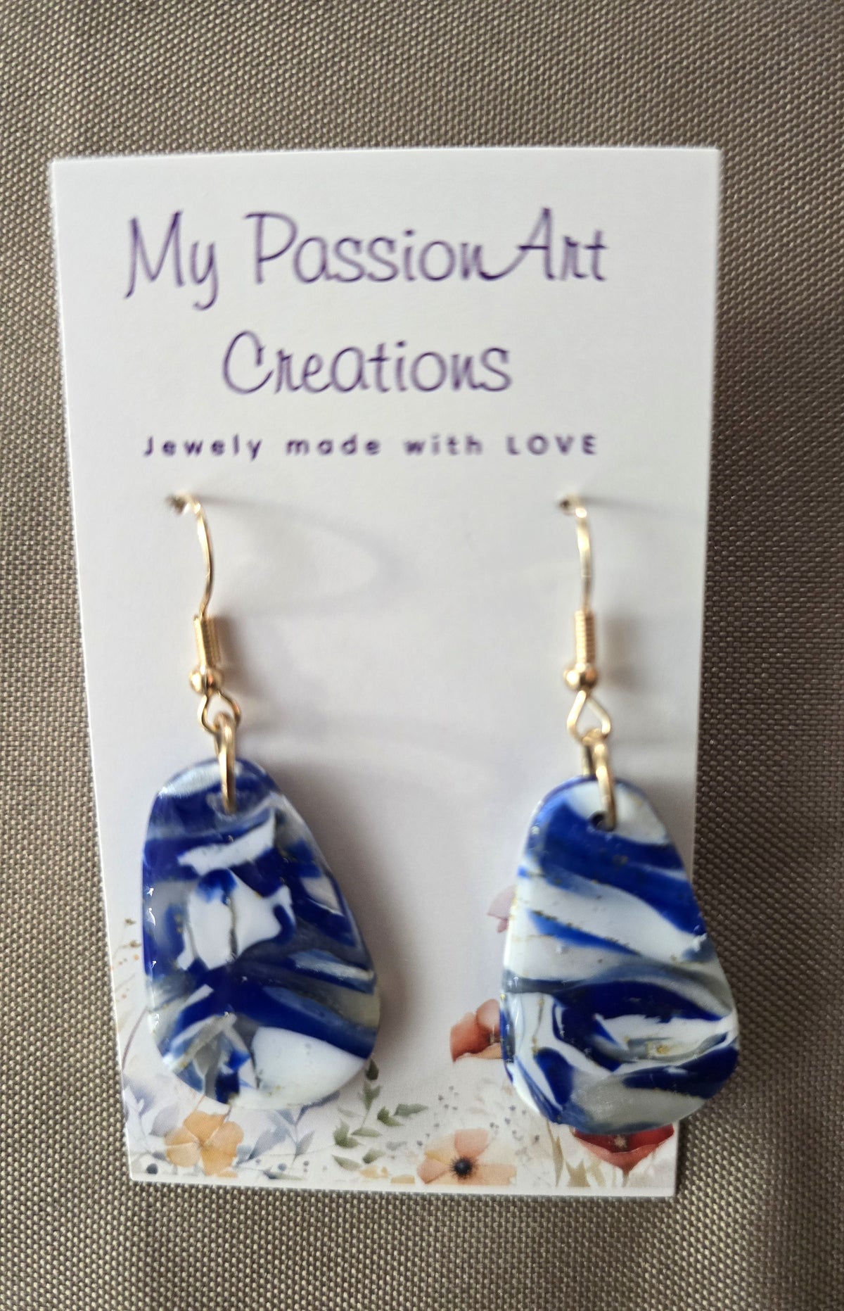 Gemstone-Inspired White & Blue Polymer Clay Earrings with Gold Leaf