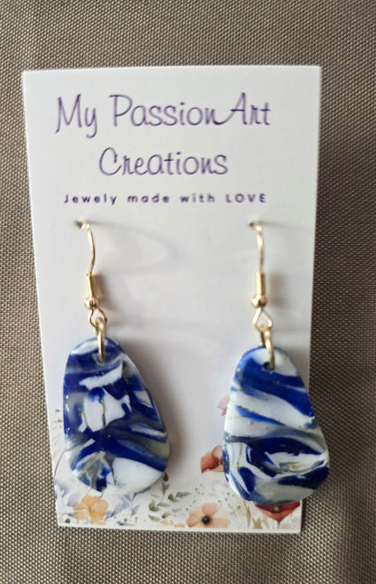 Gemstone-Inspired White & Blue Polymer Clay Earrings with Gold Leaf