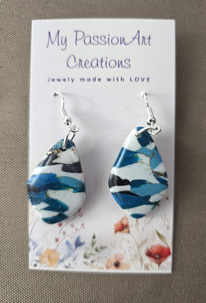 Turquoise & Pearl Gemstone-Inspired Polymer Clay Earrings with Gold Leaf