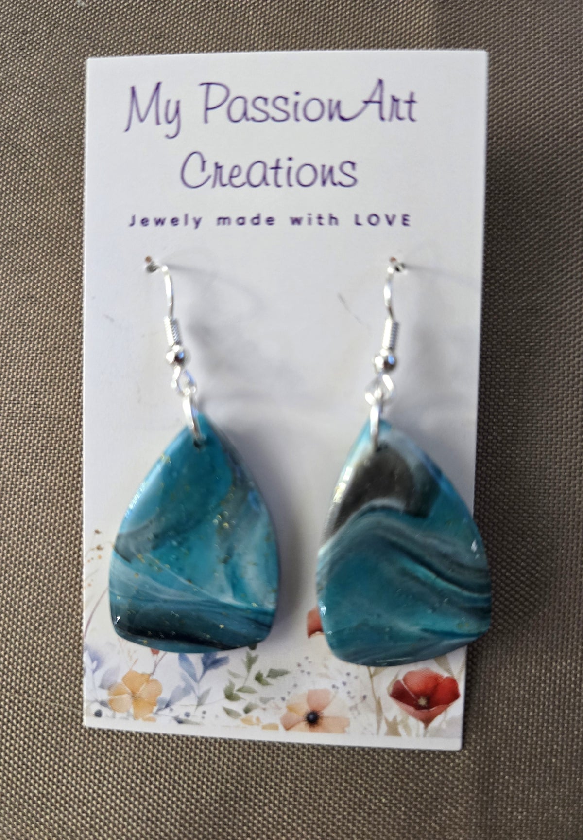 Pearlescent Grey & Turquoise Marbled Earrings - Oval, Teardrop or Triangle