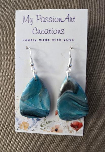 Pearlescent Grey & Turquoise Marbled Earrings - Oval, Teardrop or Triangle