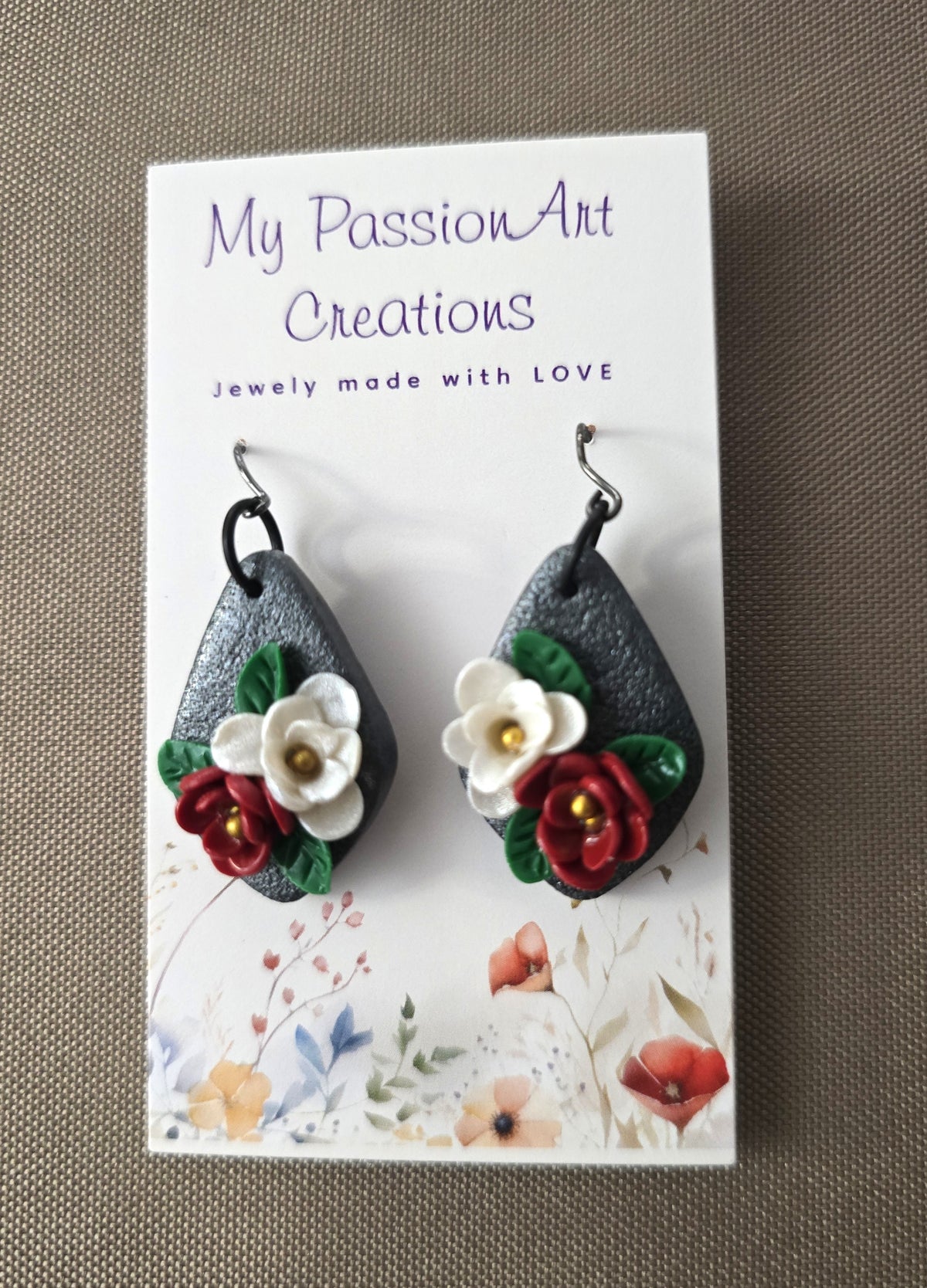 Grey Floral Dangle Earrings - Pink & Purple or Red & White Flowers