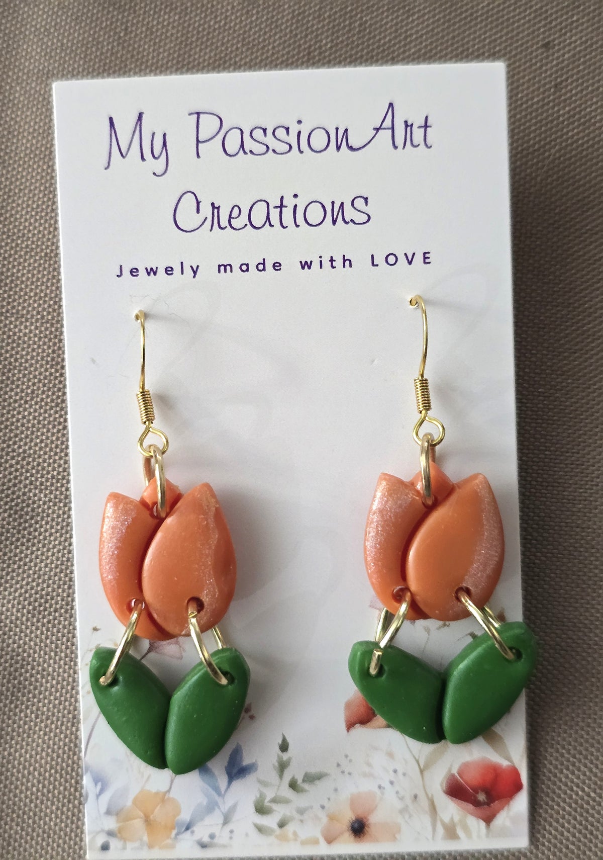 Orange Shimmer Tulip & Leaf Dangle Earrings