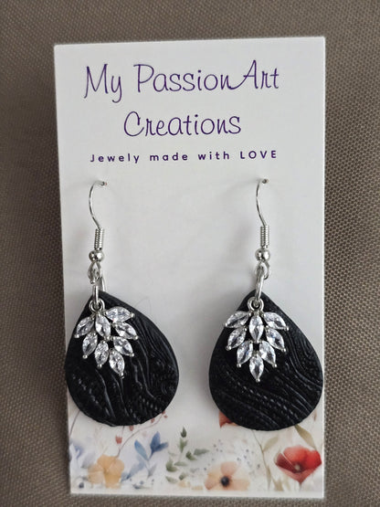 Textured Teardrop Earrings with Faceted Leaf Charms - Gold or Silver