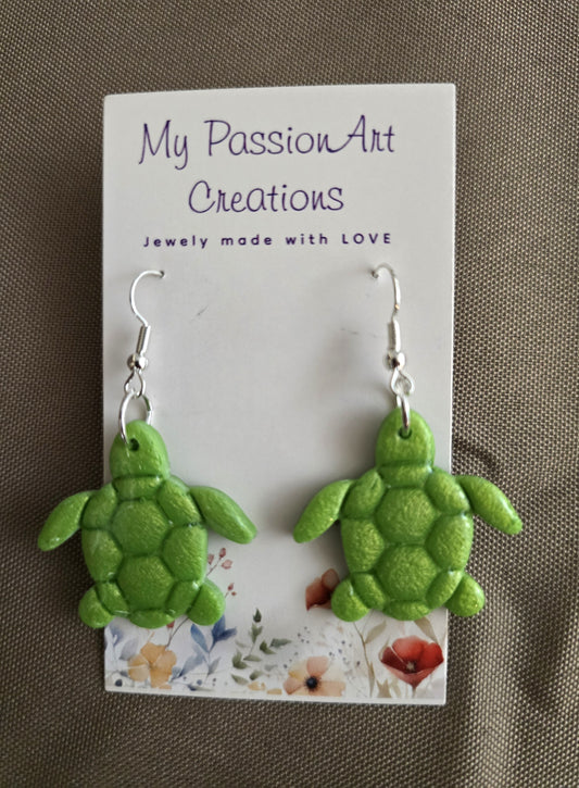 Bright Green Textured Turtle Dangle Earrings