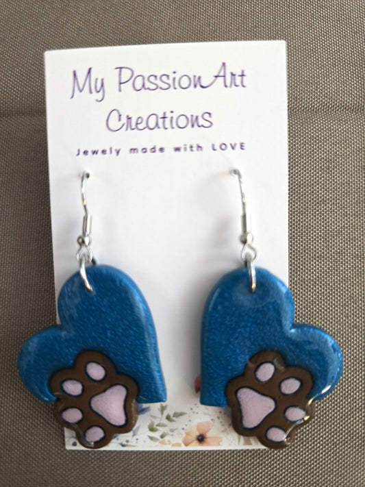 Bright Teal Heart & Dog Paw Dangle Earrings