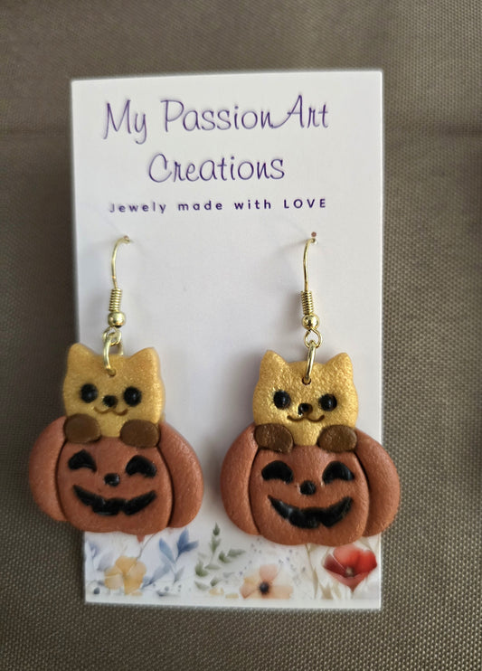 Halloween Cat in a Pumpkin Polymer Clay Earrings