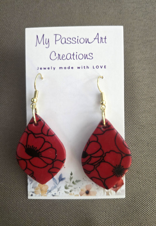 Red Elongated Diamond Earrings with Black Poppy Design