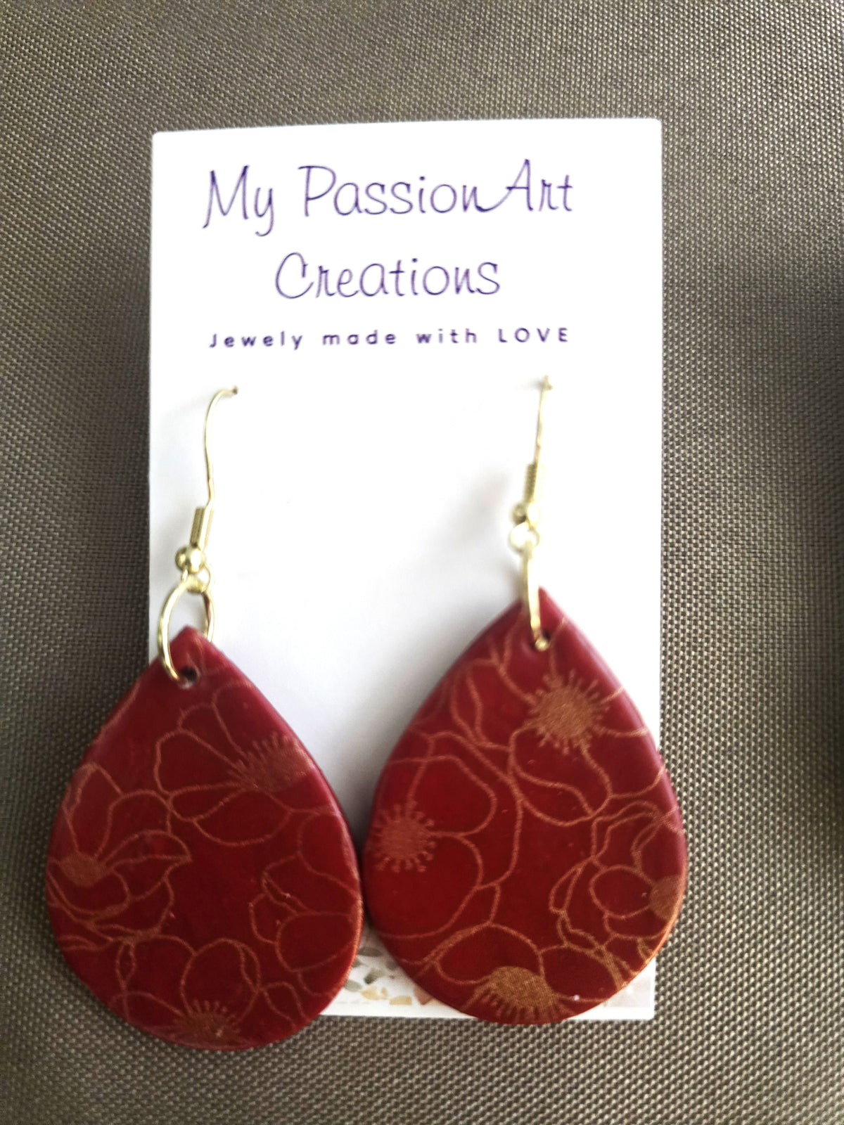Red Teardrop Earrings with Poppy Design