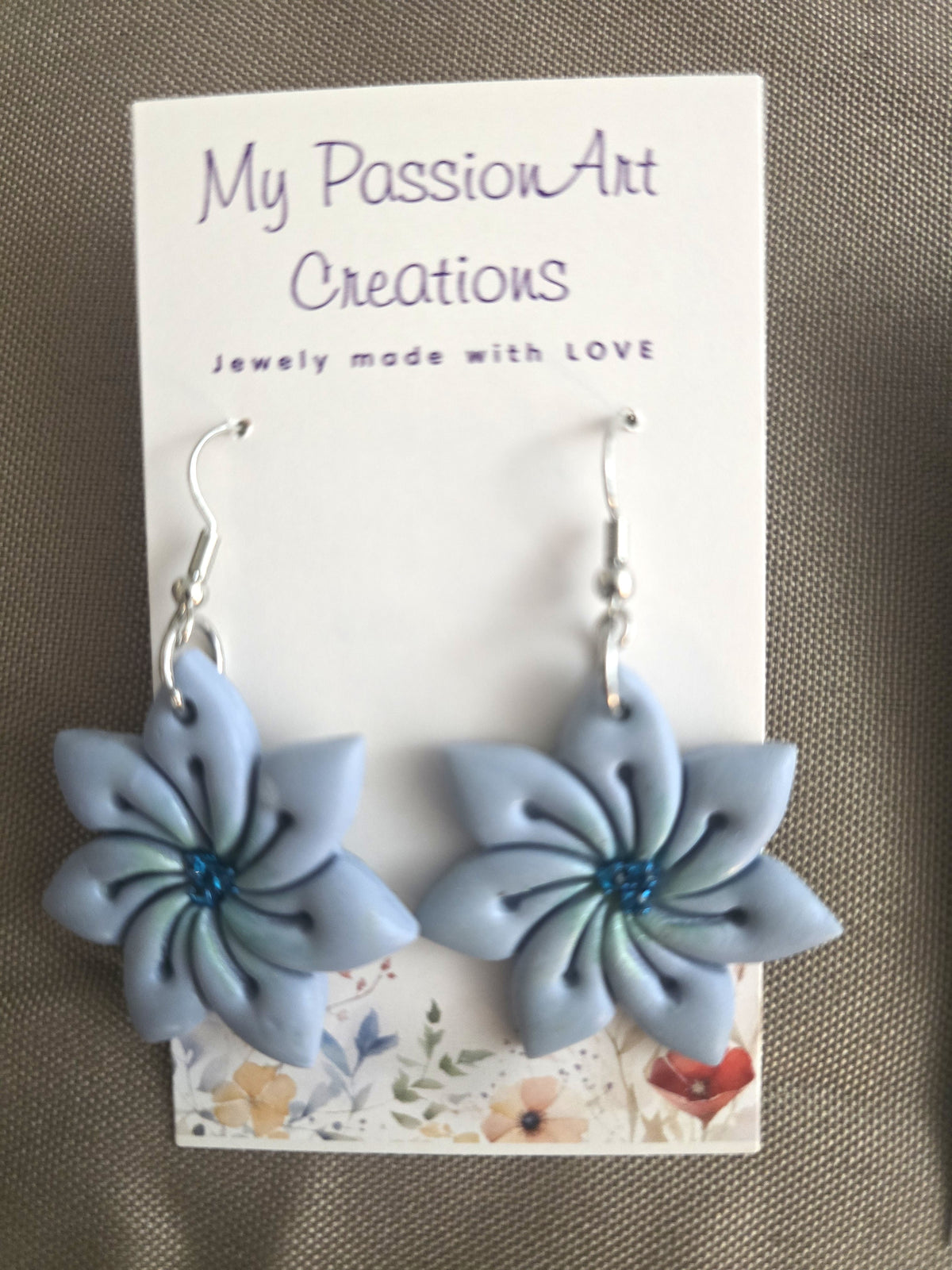 Blue Seven-Petal Flower Earrings with Faux Gemstones