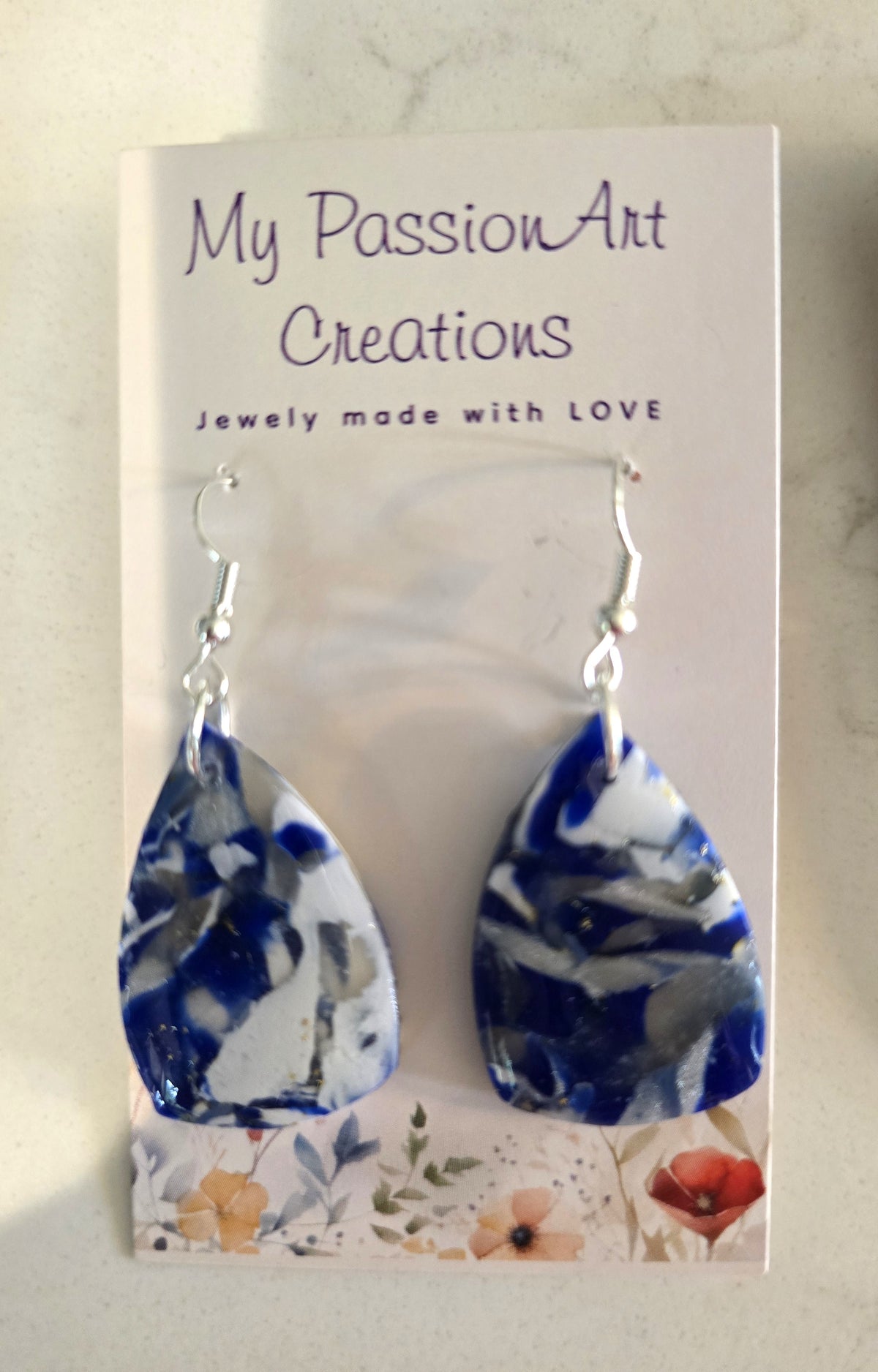 Gemstone-Inspired White & Blue Polymer Clay Earrings with Gold Leaf