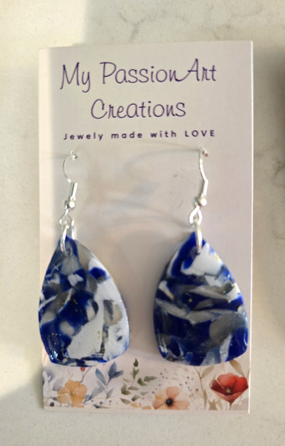 Gemstone-Inspired White & Blue Polymer Clay Earrings with Gold Leaf