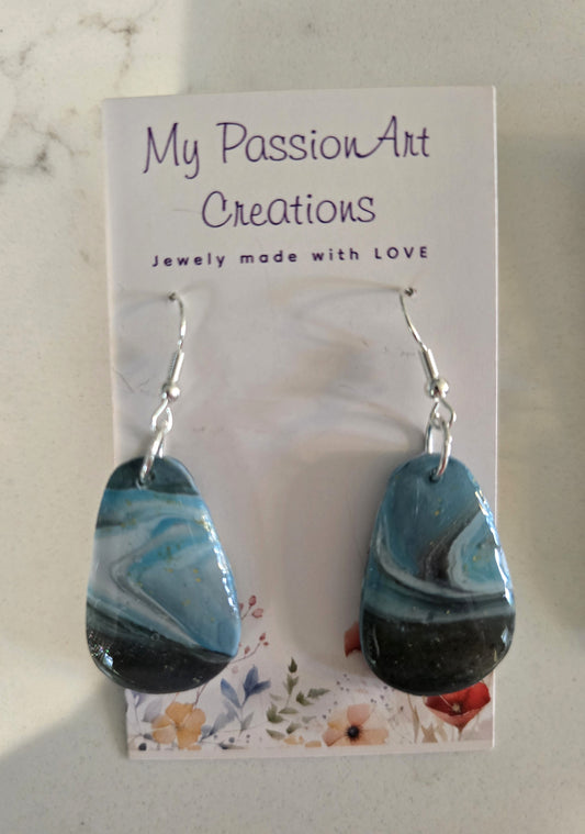 Pearlescent Grey & Turquoise Marbled Earrings - Oval, Teardrop or Triangle