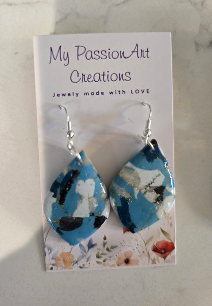 Turquoise & Pearl Gemstone-Inspired Polymer Clay Earrings with Gold Leaf
