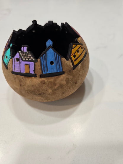 Colorful Birdhouse Village Gourd - Decorative Art