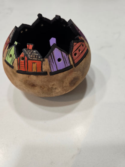 Colorful Birdhouse Village Gourd - Decorative Art
