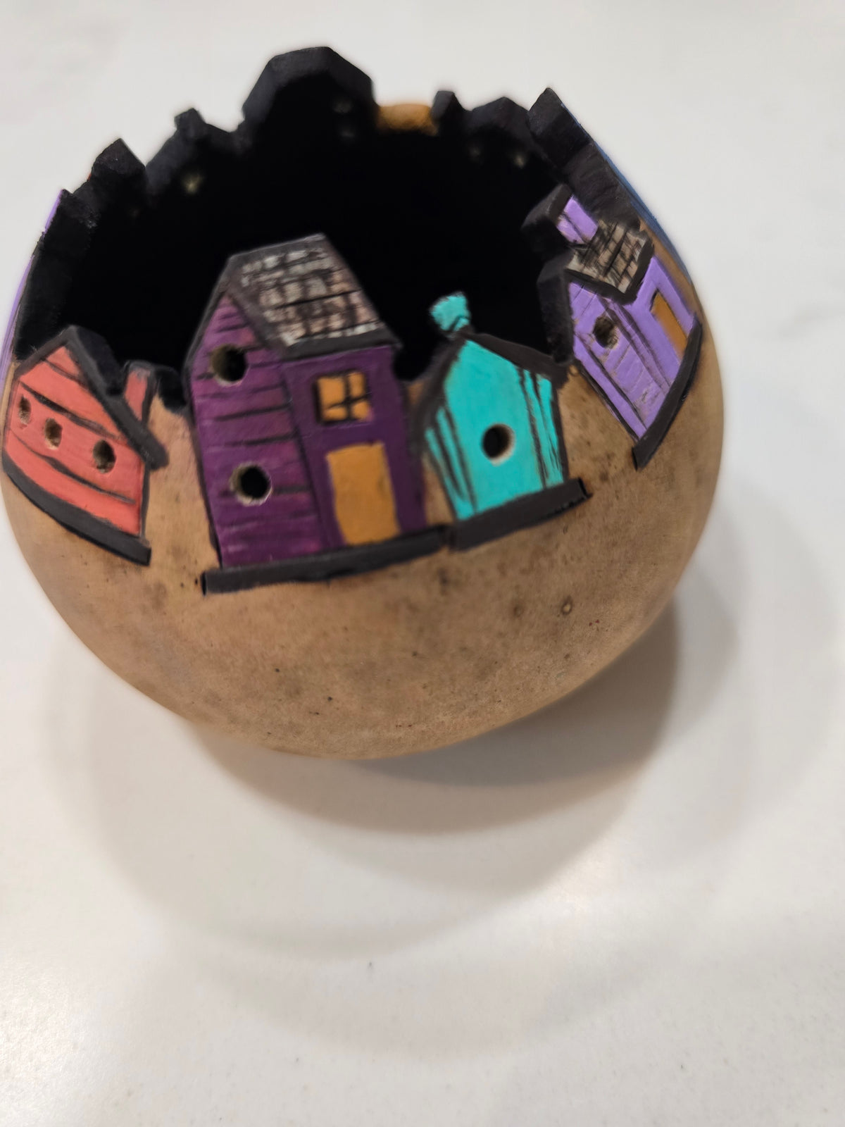 Colorful Birdhouse Village Gourd - Decorative Art