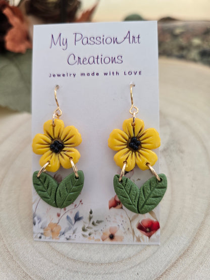 Yellow Flower with Green Leaves Polymer Clay Earrings