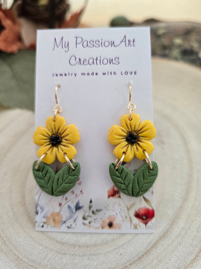 Yellow Flower with Green Leaves Polymer Clay Earrings