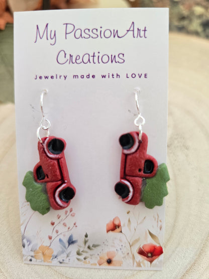 Polymer Clay Earrings — Christmas Truck | Red, Green & Silver