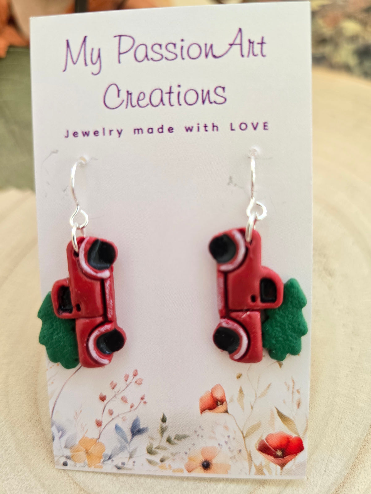 Polymer Clay Earrings — Christmas Truck | Red, Green & Silver