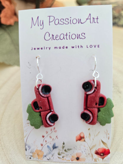 Polymer Clay Earrings — Christmas Truck | Red, Green & Silver