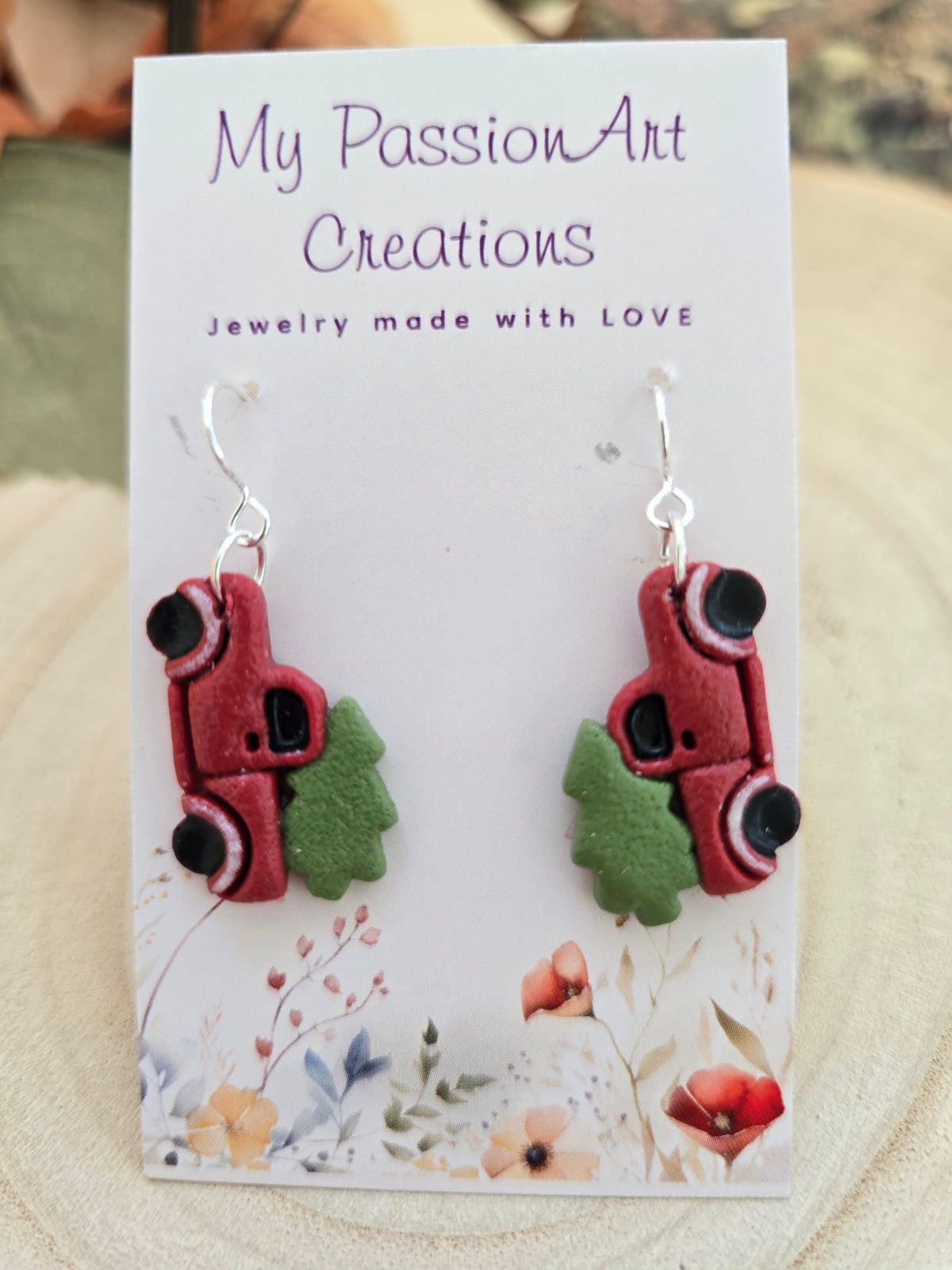 Polymer Clay Earrings — Christmas Truck | Red, Green & Silver