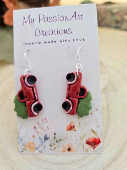 Polymer Clay Earrings — Christmas Truck | Red, Green & Silver