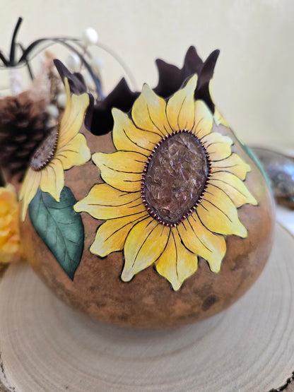 Sunflower Decorative Gourd with Petal-Carved Opening