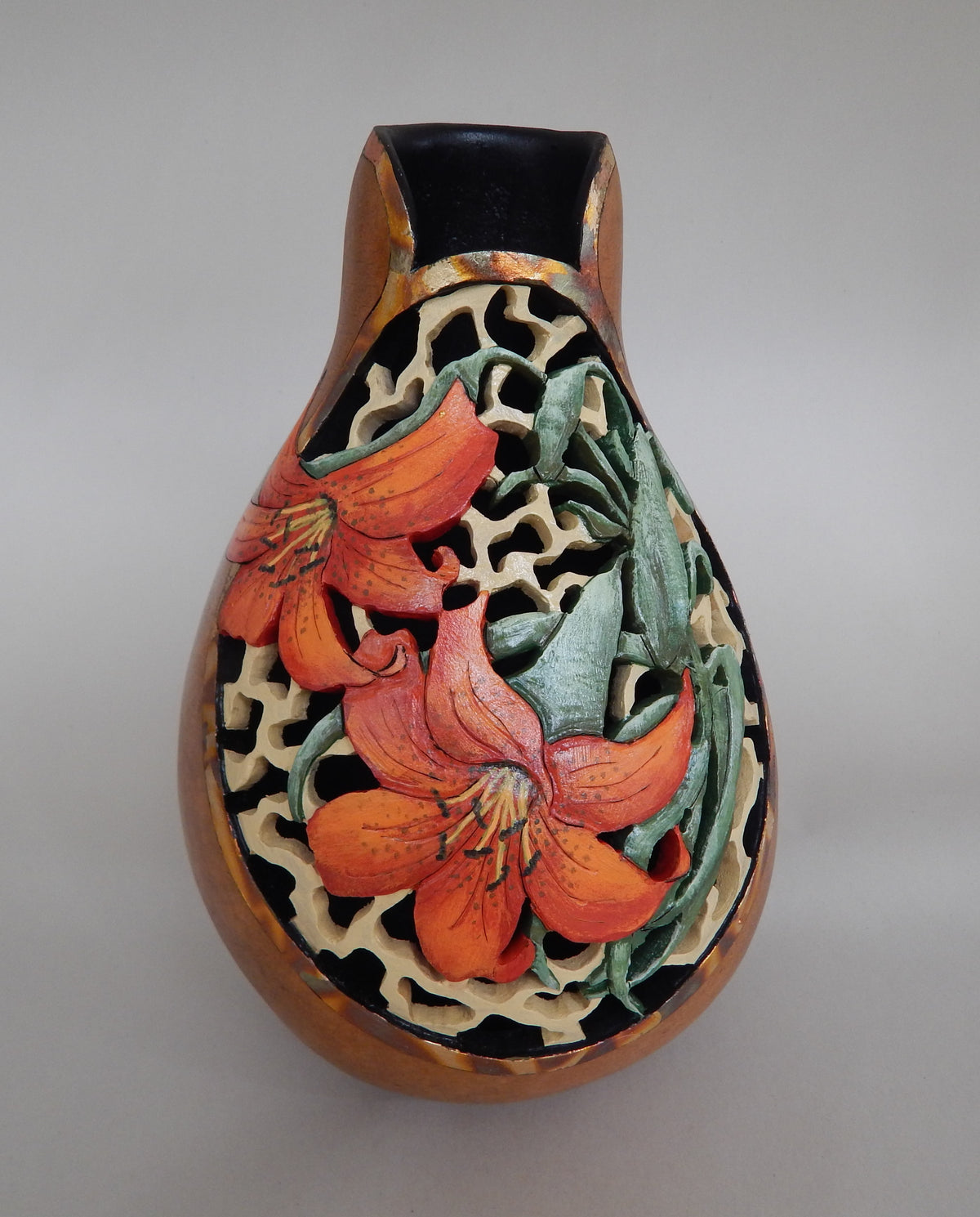 Carved Tiger Lily Gourd with Filigree & Gold Leaf